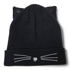 Betsey Johnson Cat Ear Beanie Cap Women's Heart Jewel Nose Lace Ears Kitten OS